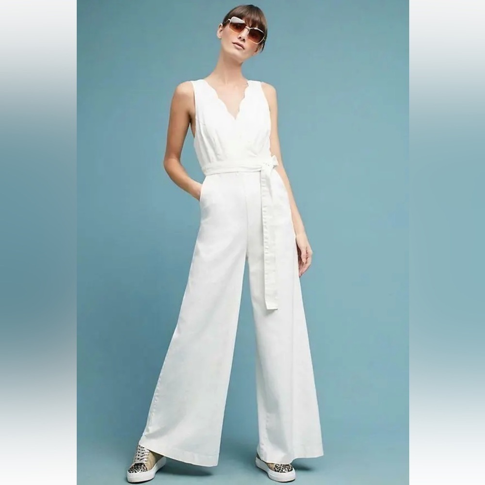 NWOT CHINO by Anthropologie Cream Wide Leg Jumpsuit Tie Waist Size 12